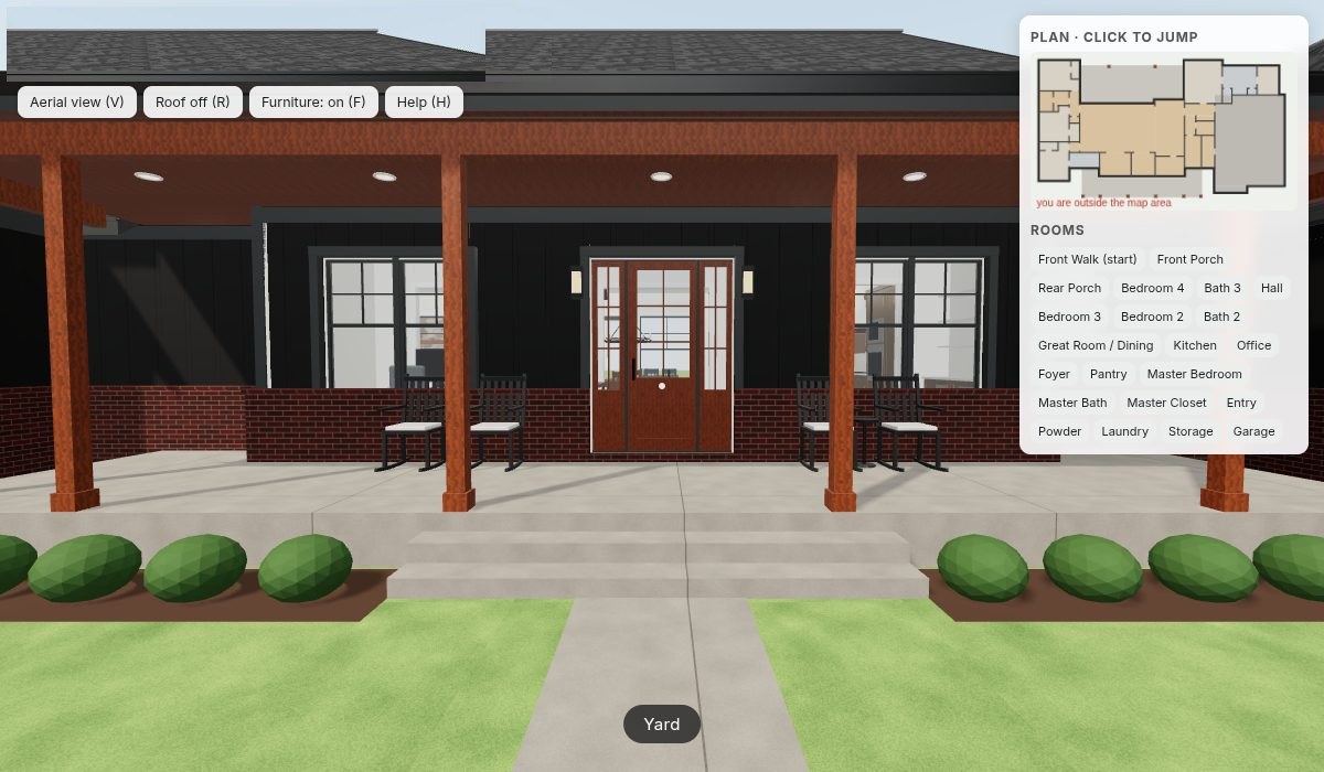 Walkthrough view standing at the front porch, with the click-to-jump floor plan and room list on the right